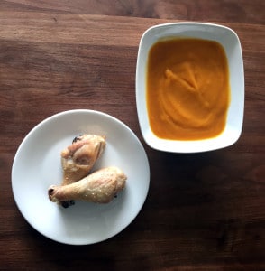 Roasted salt and pepper drumsticks with sweet potato and apple soup